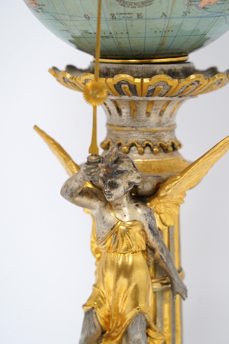A late 19th century German Columbus Erdglobus globe timepiece, 49cm high. Condition - fair